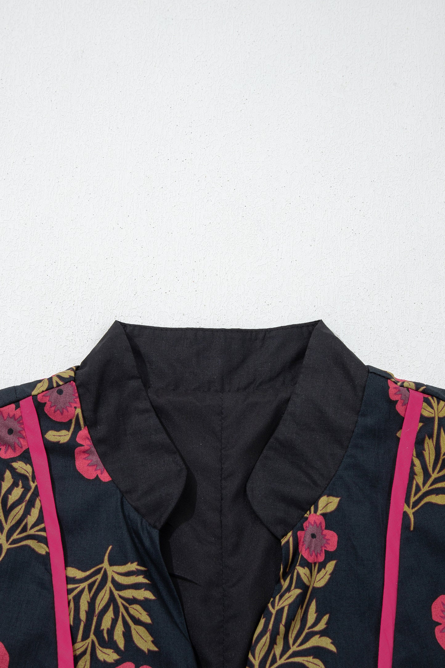 Black Floral Print Notched Neck Piping Trim Bracelet Sleeve Baby doll Dress