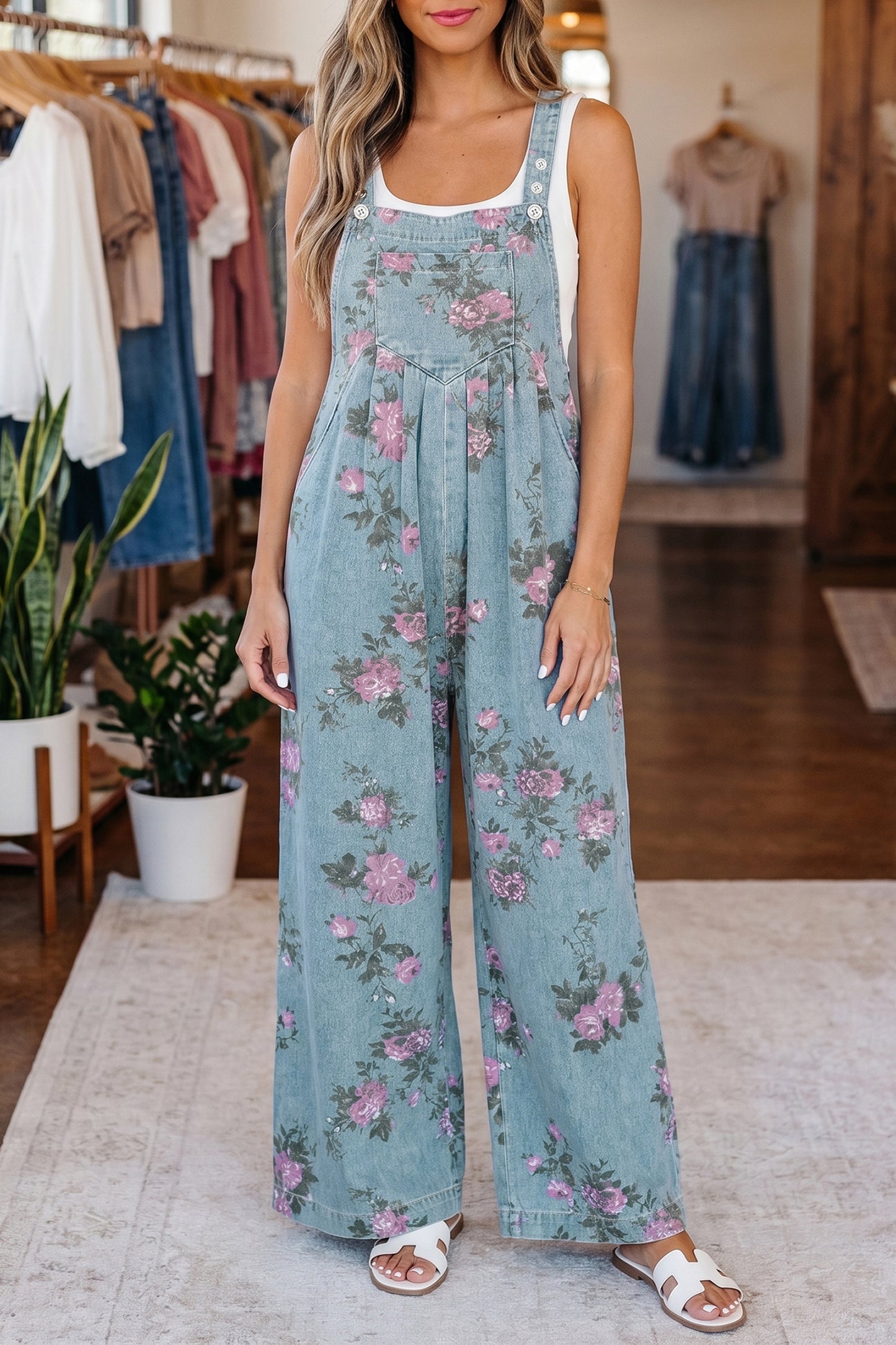 Beau Blue Floral Print Pleated High Waist Wide Leg Denim Jumpsuit
