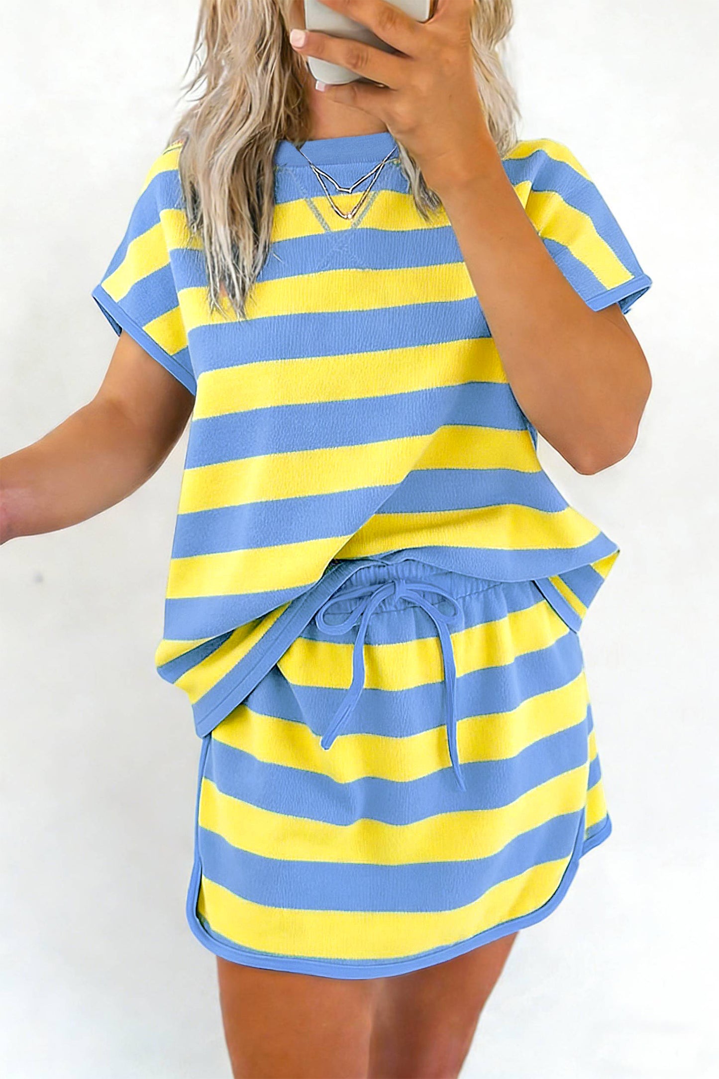 Rose Stripe Dolman Tee Drawstring Skort Athletic 2pcs Set