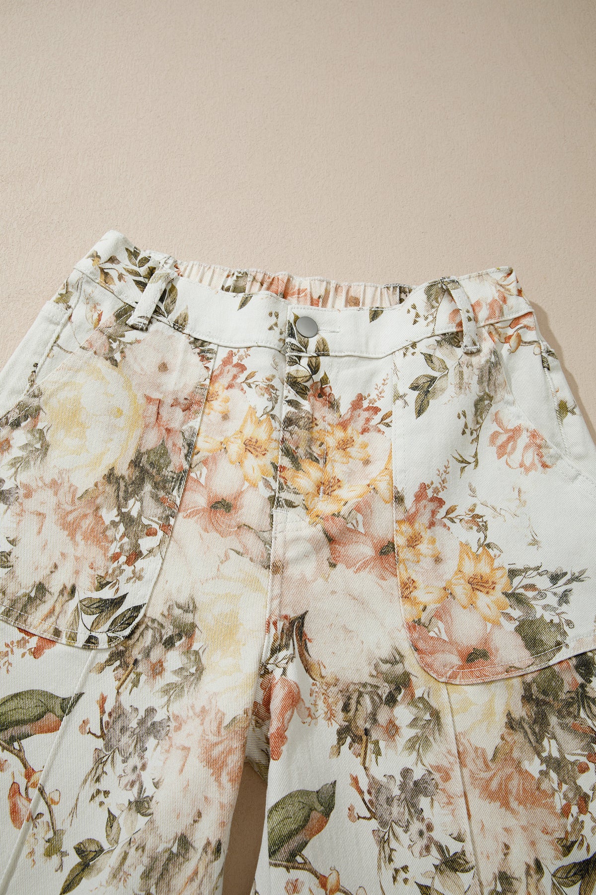 Beige Vintage Style Floral Print High Waist Wide Leg Jeans