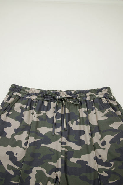 Green Tie Elastic Waist Pocketed Plus Size Camo Shorts
