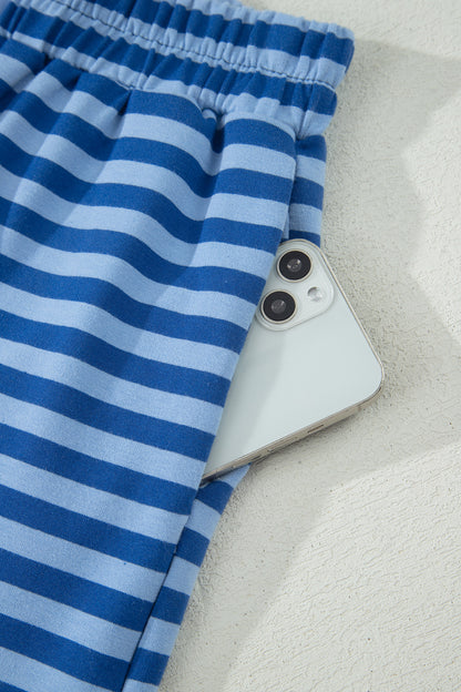 Blue Stripe Striped Ribbed Cotton Two-Piece Short Set with Chest Patch Detail