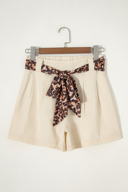 Oatmeal Leopard Contrast Sash Belt Pleated Wide Leg Shorts
