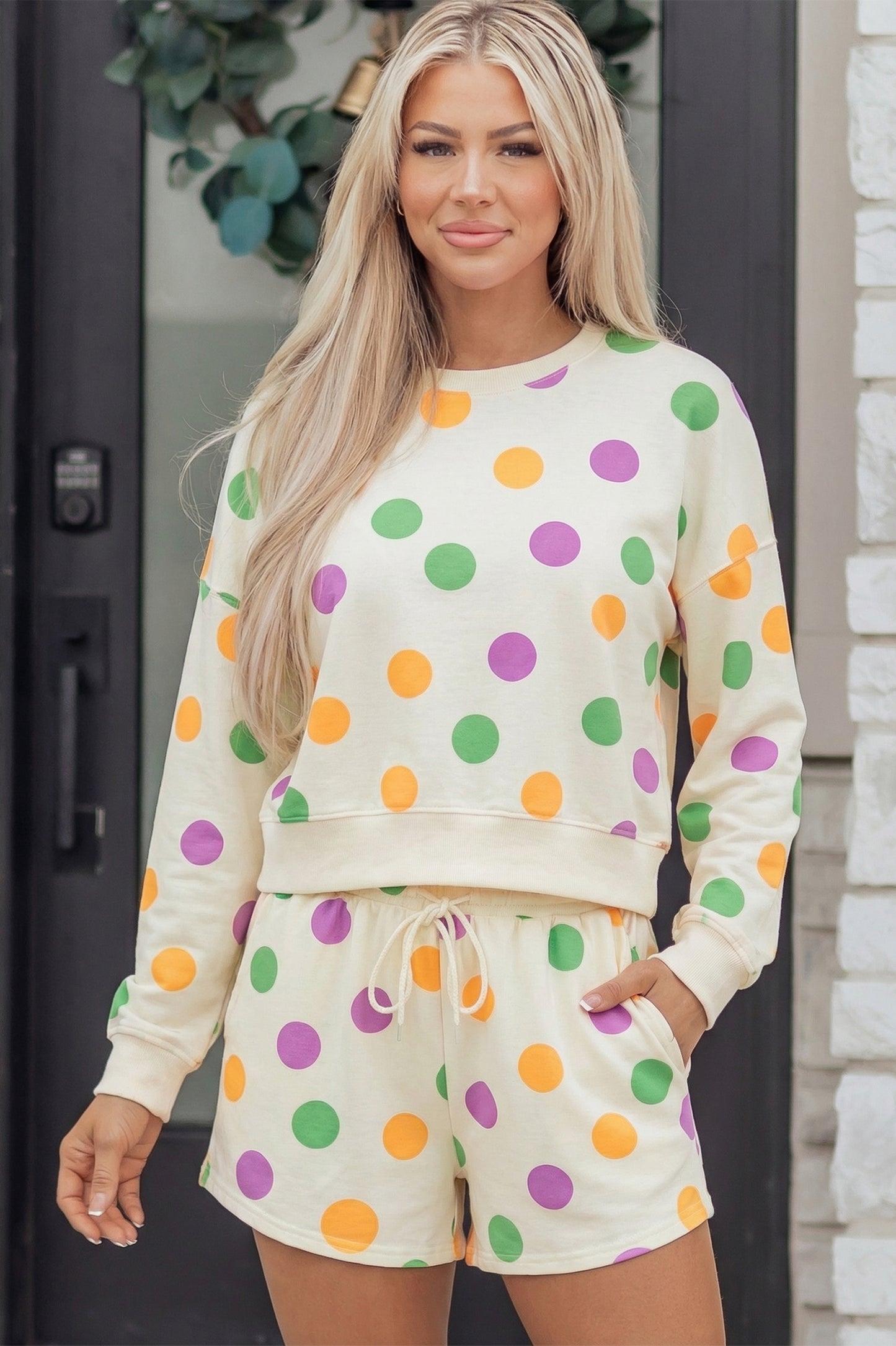 Pink Polka Dot Print Drop Shoulder Pullover Drawstring Shorts Set
