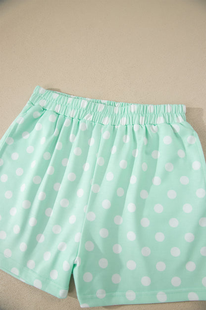 Pink Polka Dot Print Color Block Trim Mock Neck Short Set