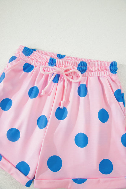 Beige Polka Dot Print V Neck Tee Short Set