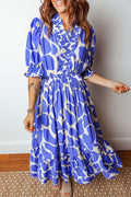 Sky Blue Abstract Print Smocked Waist Puff Half Sleeve Maxi Dress