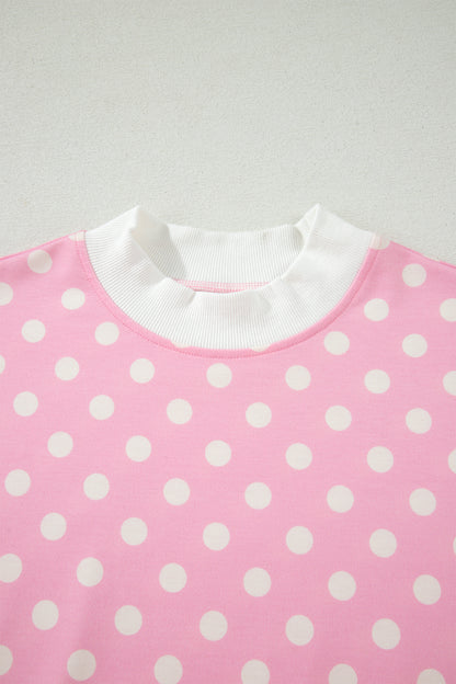 Pink Polka Dot Print Color Block Trim Mock Neck Short Set