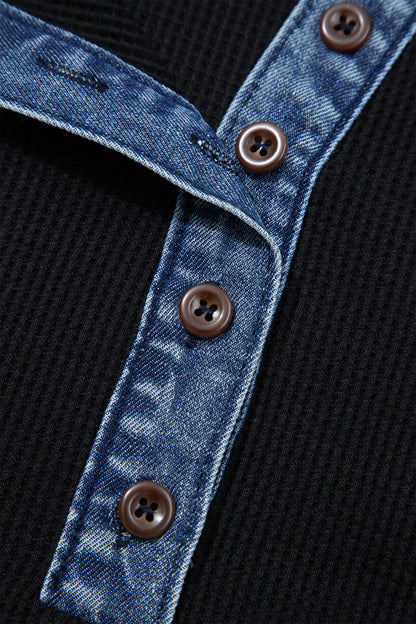 Black Waffle Knit Denim Contrast Trim Patchwork Button Polo Collar Top