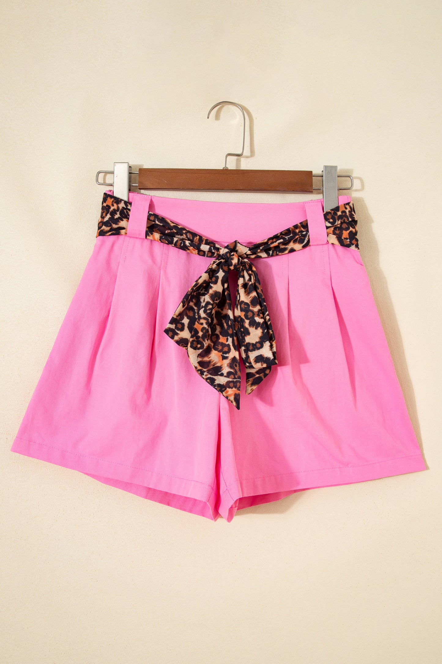 Oatmeal Leopard Contrast Sash Belt Pleated Wide Leg Shorts