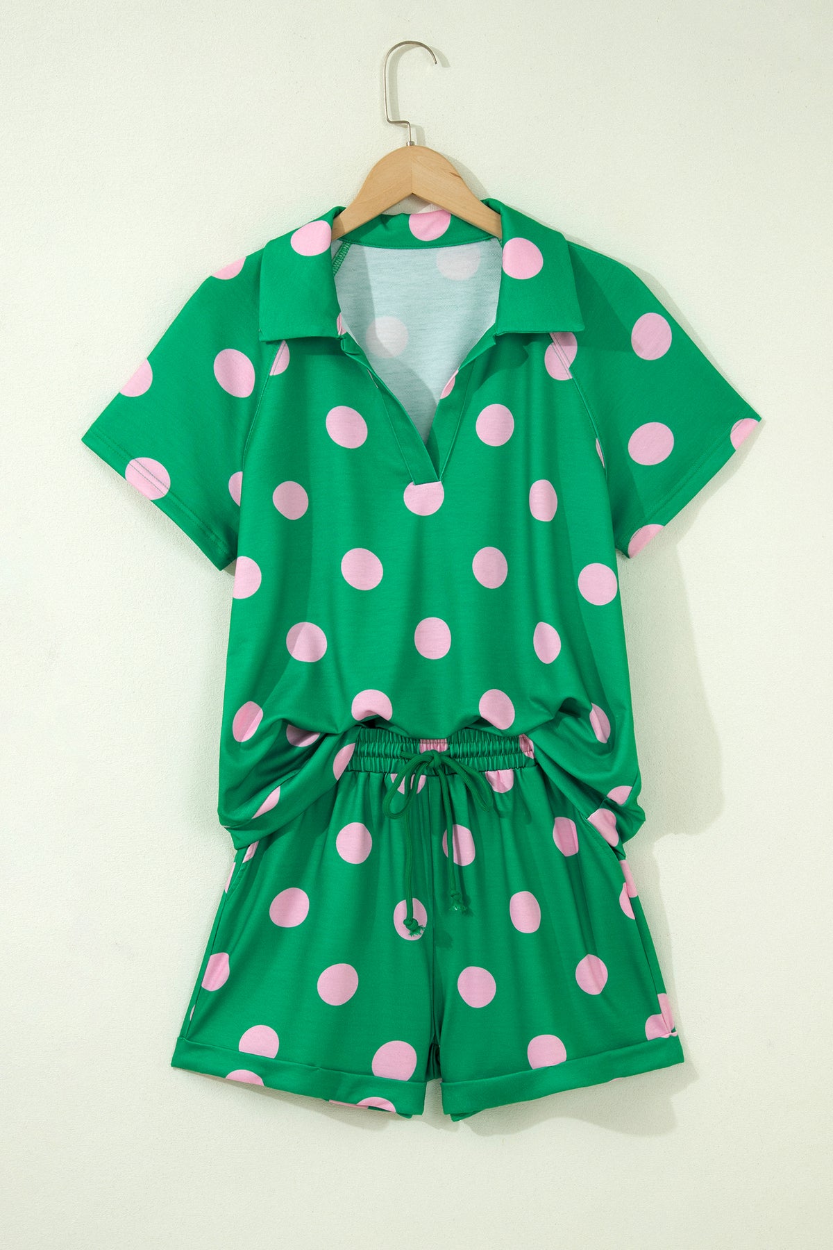 Beige Polka Dot Print V Neck Tee Short Set