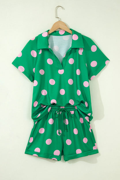 Beige Polka Dot Print V Neck Tee Short Set