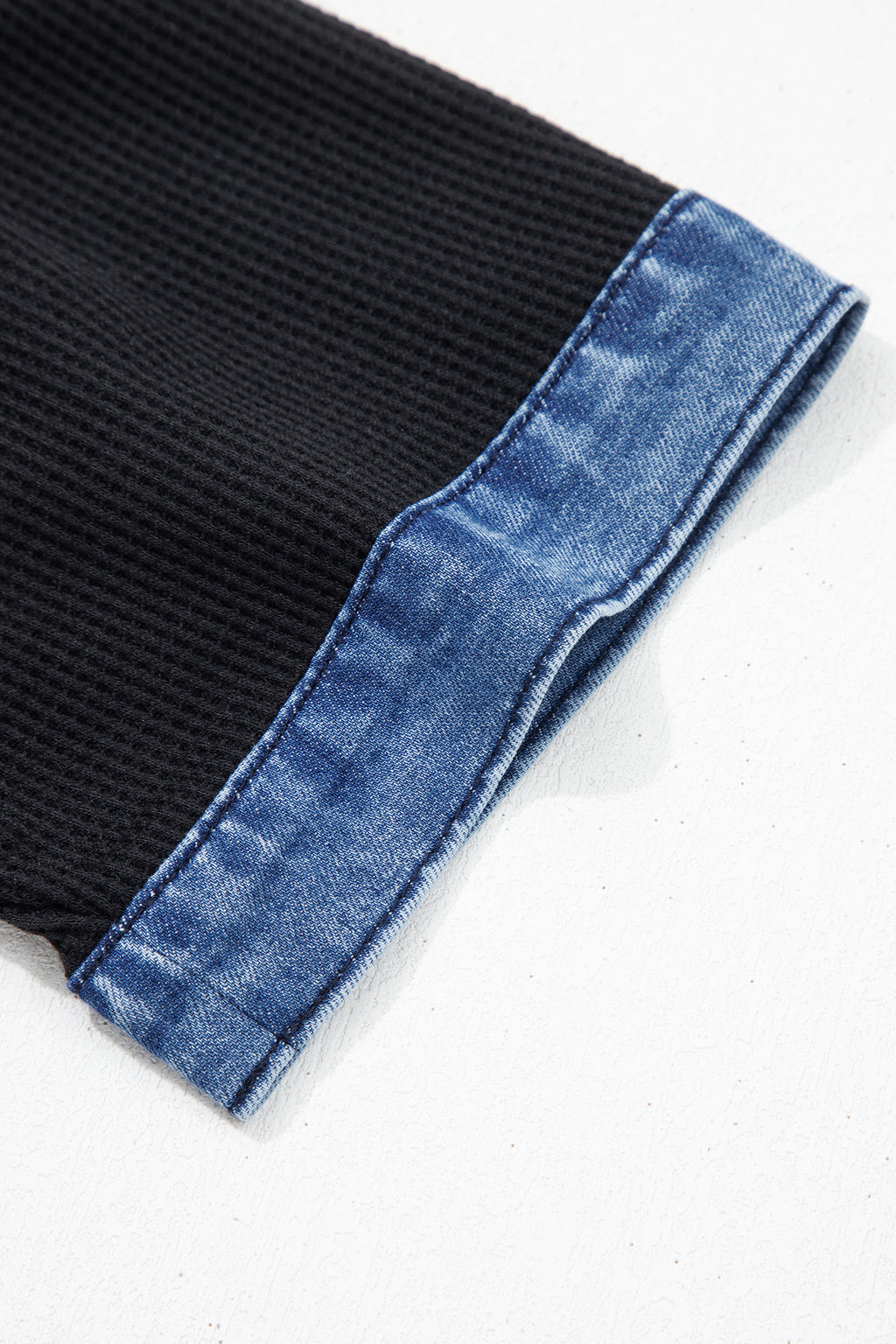 Black Waffle Knit Denim Contrast Trim Patchwork Button Polo Collar Top