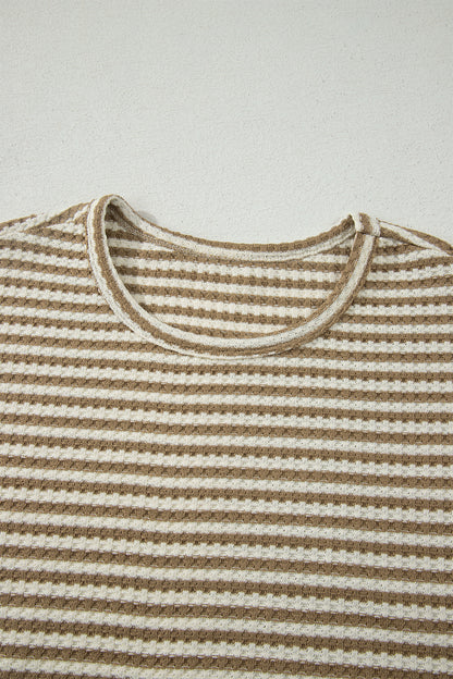Brown Stripe Breathable Textured Knit Short 2pcs Set