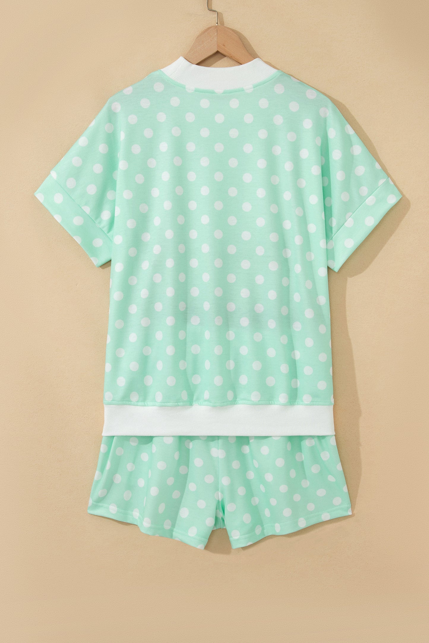 Pink Polka Dot Print Color Block Trim Mock Neck Short Set
