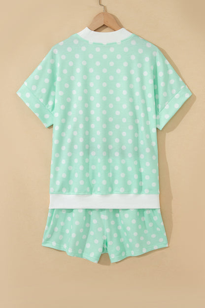 Pink Polka Dot Print Color Block Trim Mock Neck Short Set