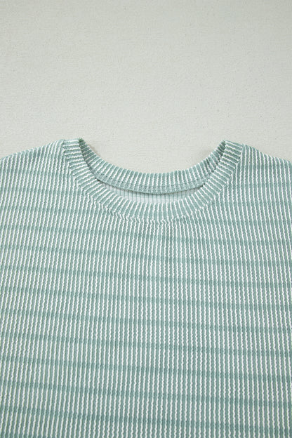 Rose Stripe Raised Rib Loose Tee Drawstring Elastic Waist 2pcs Short Set