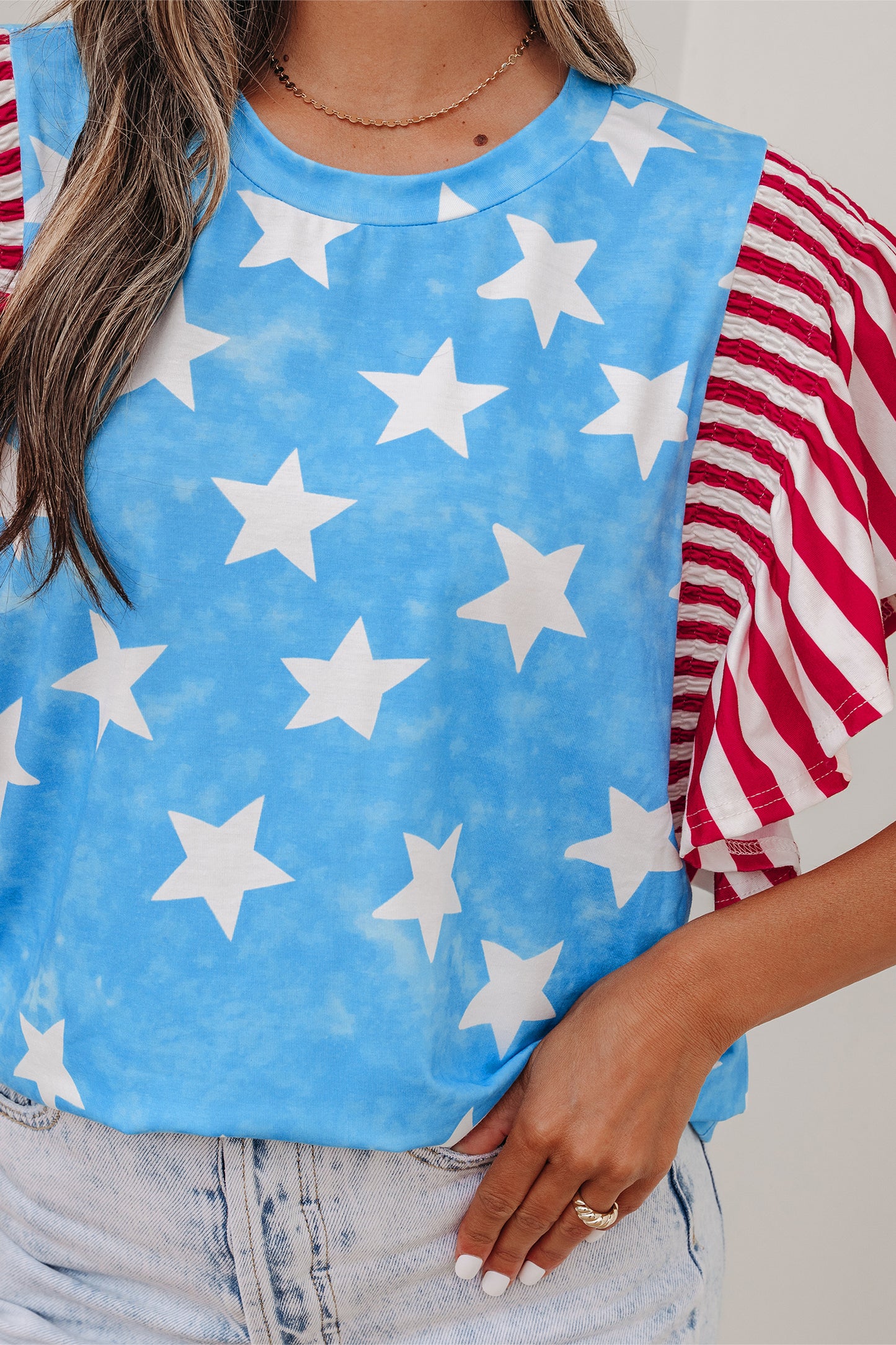 Sky Blue Vintage Star Print Striped Ruffle Sleeve Independence Day Top