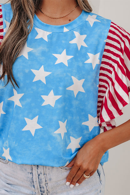 Sky Blue Vintage Star Print Striped Ruffle Sleeve Independence Day Top