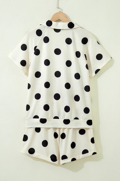Beige Polka Dot Print V Neck Tee Short Set