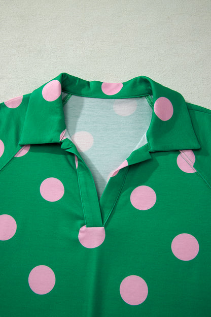 Beige Polka Dot Print V Neck Tee Short Set