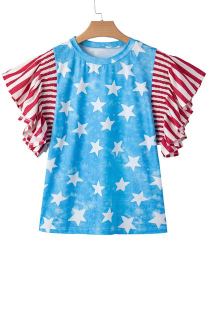 Sky Blue Vintage Star Print Striped Ruffle Sleeve Independence Day Top