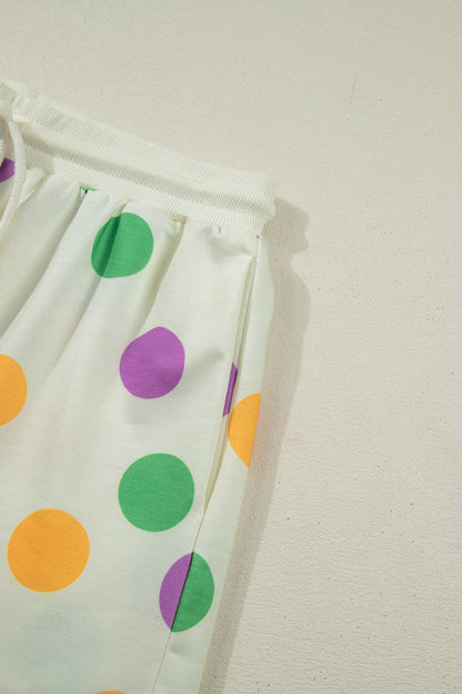 Pink Polka Dot Print Drop Shoulder Pullover Drawstring Shorts Set