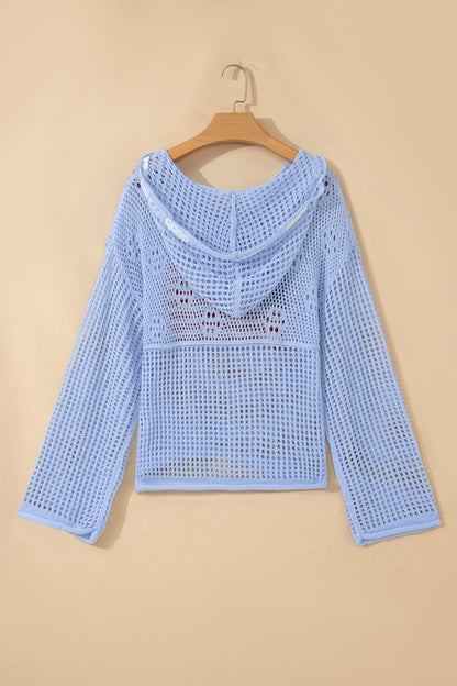 White Hollow Out Crochet Knit American Flag Patched Sweater Hoodie