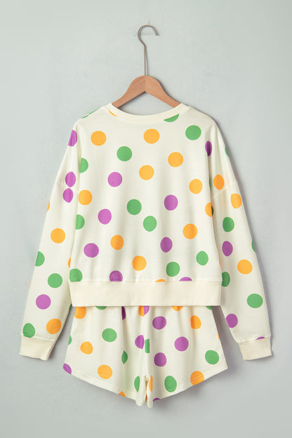 Pink Polka Dot Print Drop Shoulder Pullover Drawstring Shorts Set