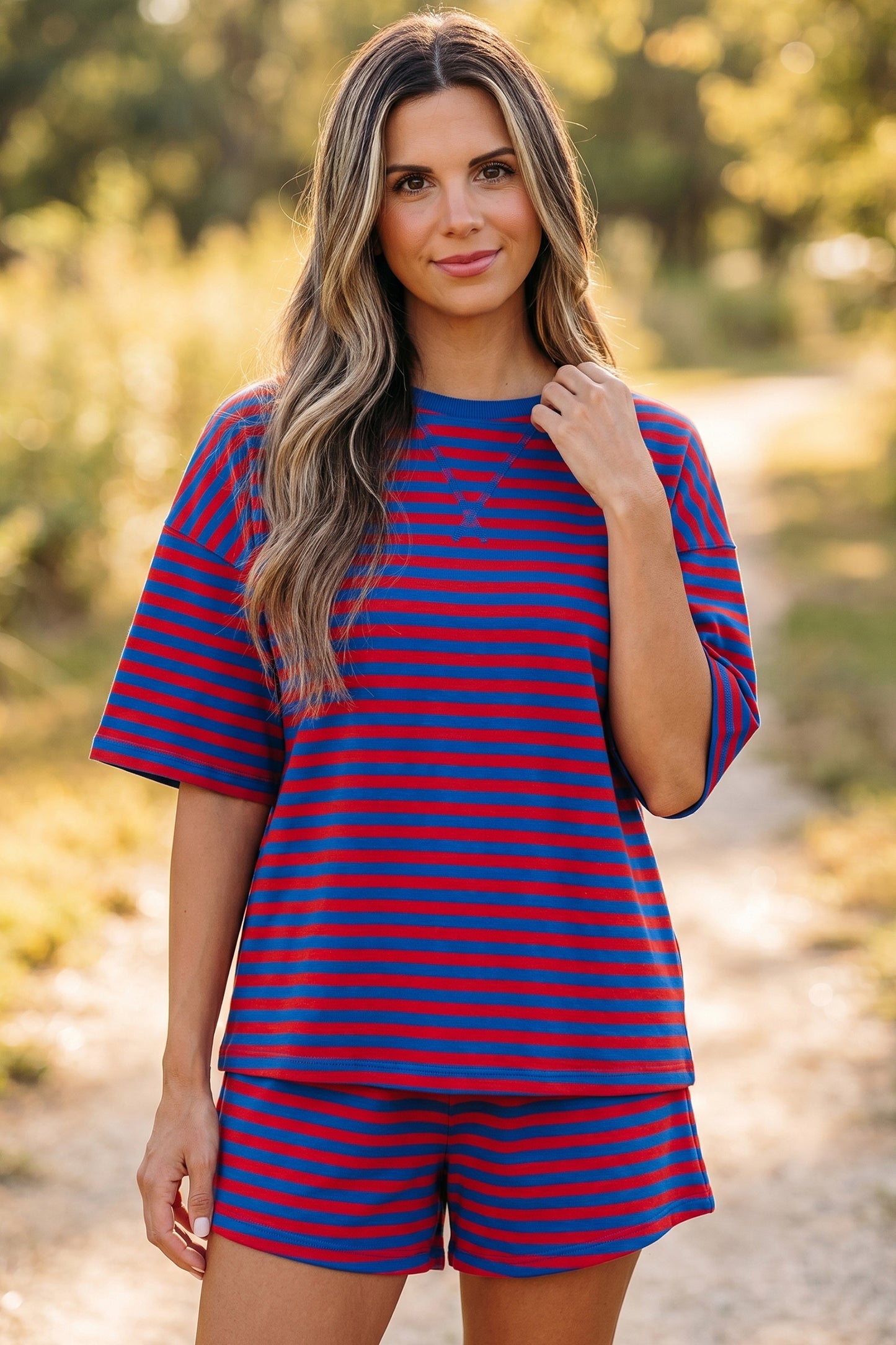 Blue Stripe Striped Ribbed Cotton Two-Piece Short Set with Chest Patch Detail