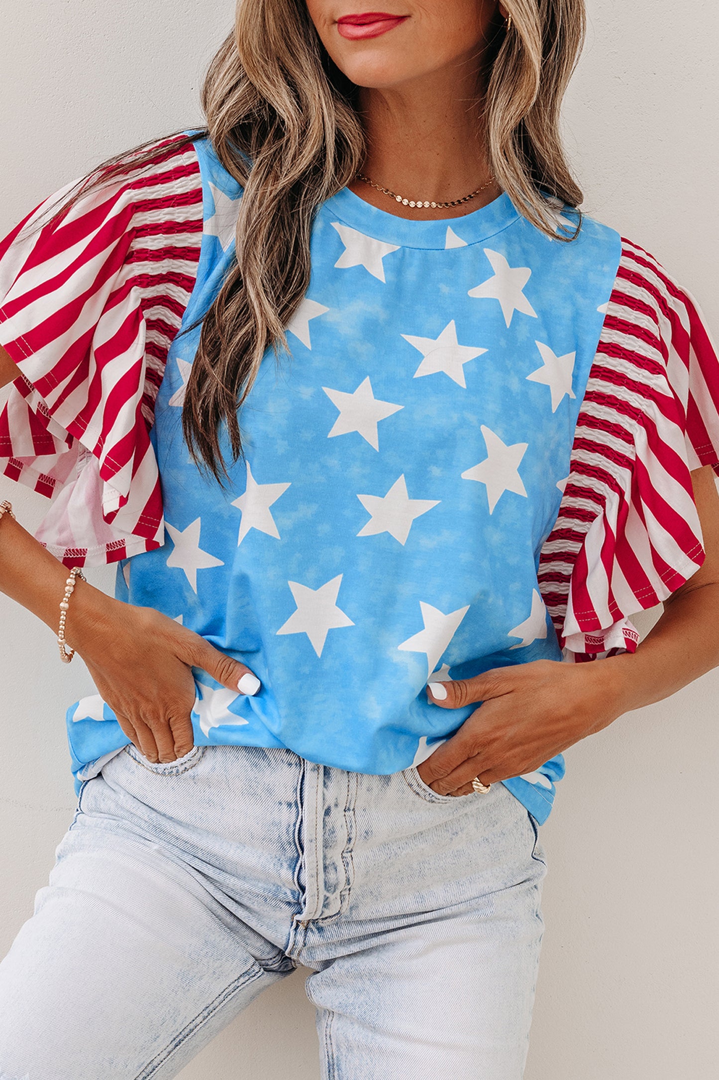 Sky Blue Vintage Star Print Striped Ruffle Sleeve Independence Day Top