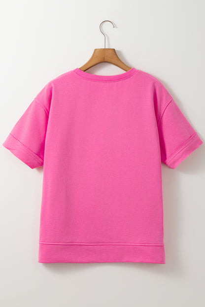 Sachet Pink Contrast Flower Drop Shoulder Loose T Shirt