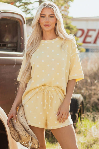 Black Exposed Seam Detail Polka Dot Loose Tee Drawstring Shorts Set