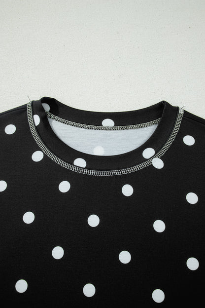 Black Exposed Seam Detail Polka Dot Loose Tee Drawstring Shorts Set