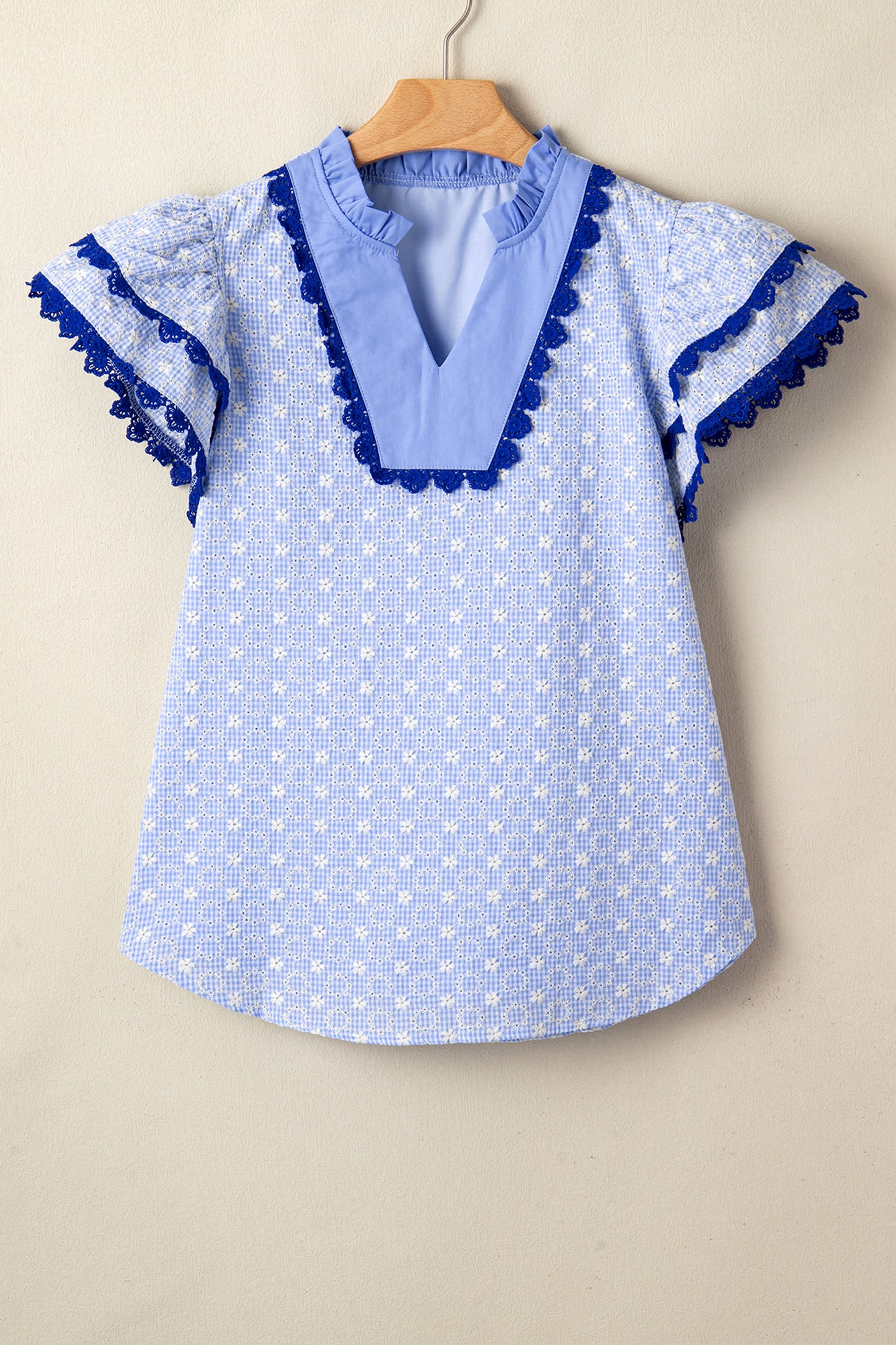 Beau Blue Eyelet Embroidered Flower Texture Contrast Lace Trim Flutter Sleeve Blouse