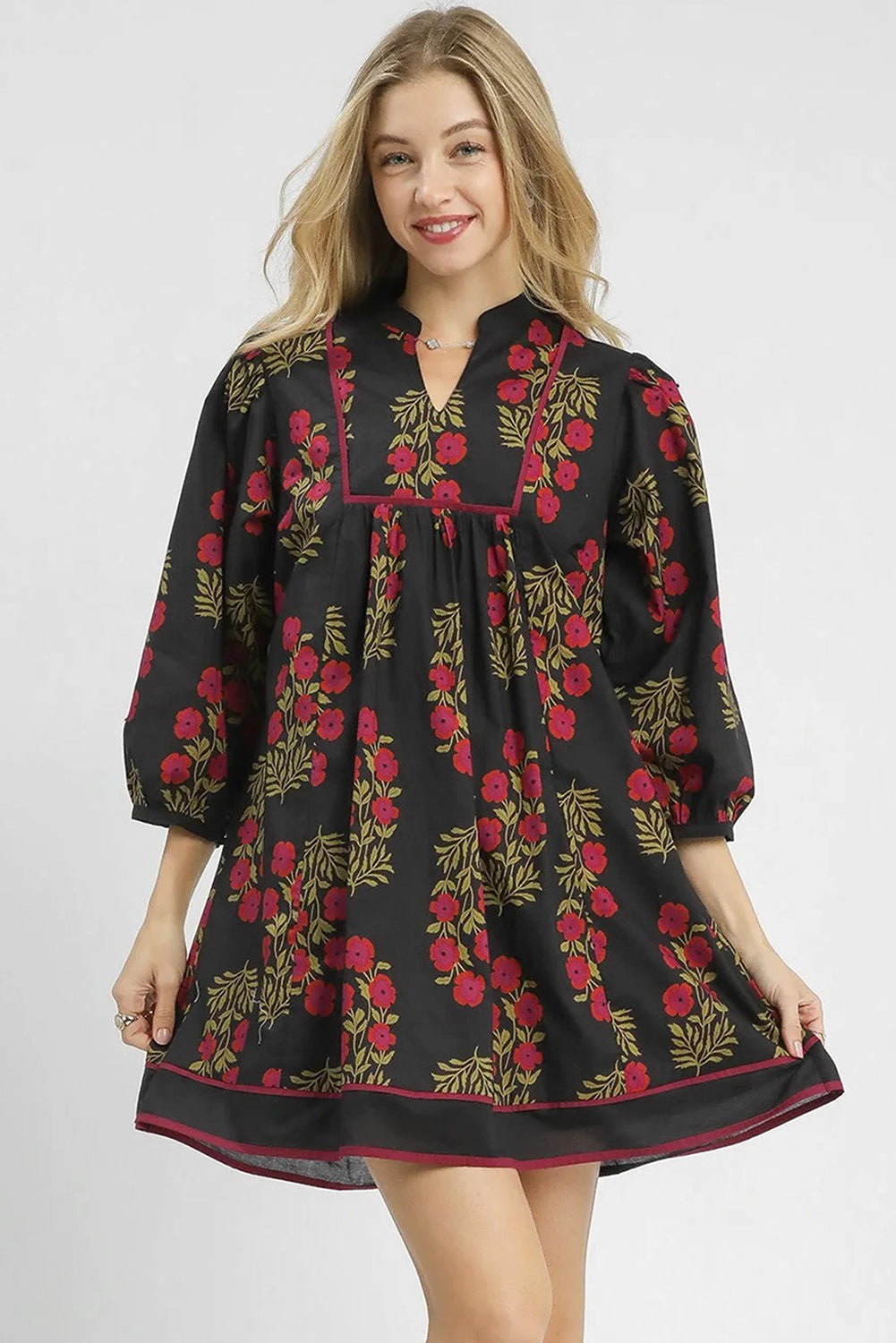 Black Floral Print Notched Neck Piping Trim Bracelet Sleeve Baby doll Dress