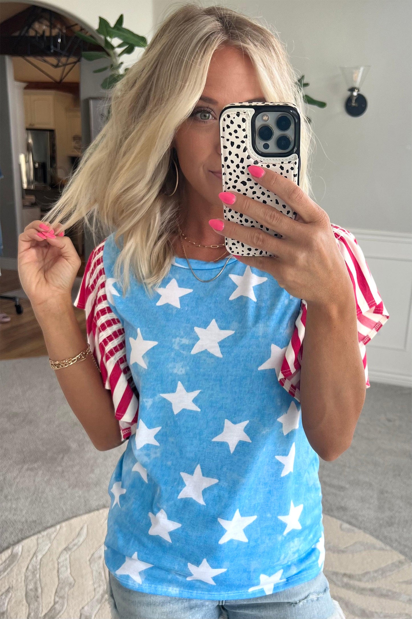 Sky Blue Vintage Star Print Striped Ruffle Sleeve Independence Day Top