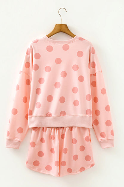 Pink Polka Dot Print Drop Shoulder Pullover Drawstring Shorts Set