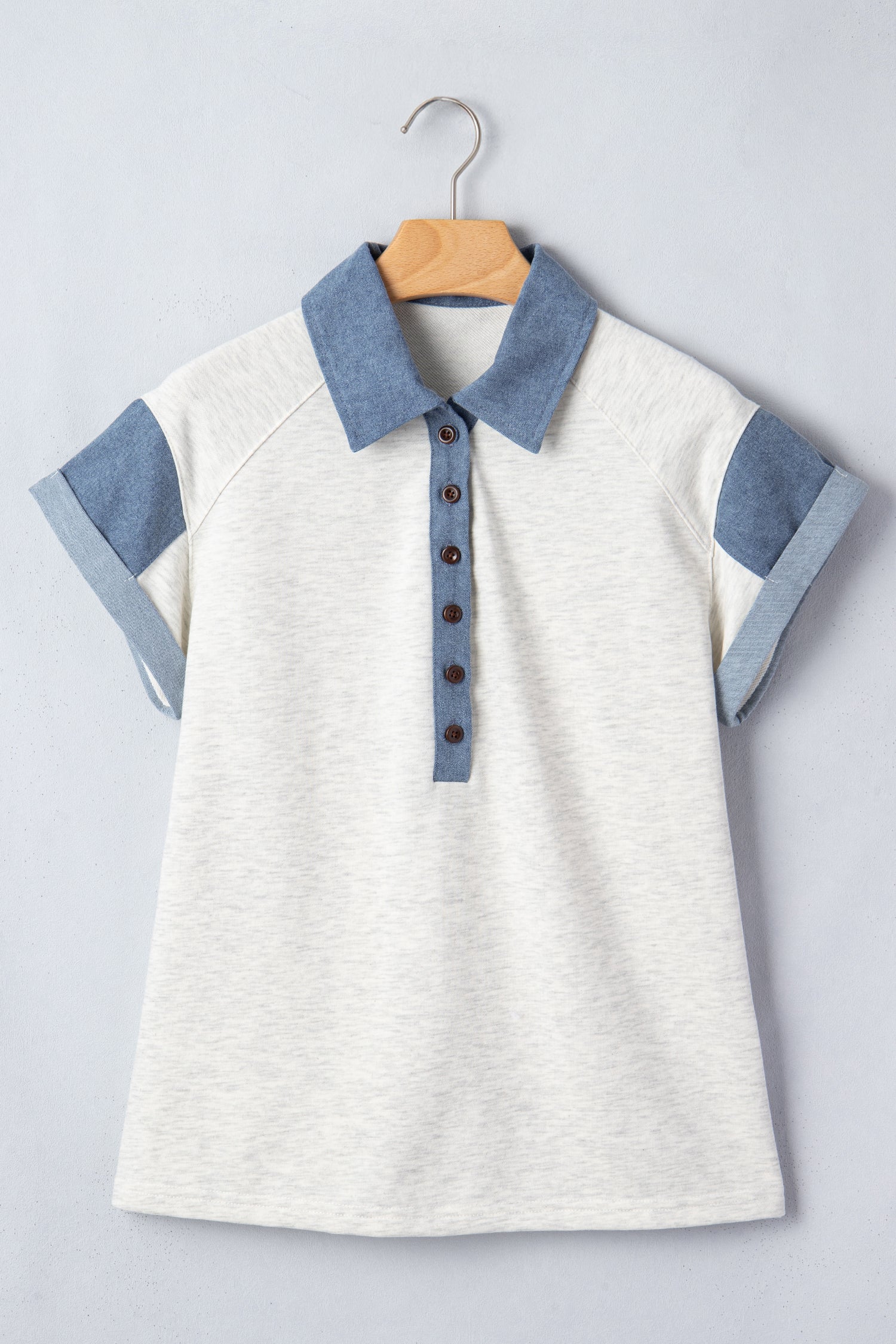 Light Grey Denim Color Block Patchwork Shirt Collar Short Sleeve Blouse