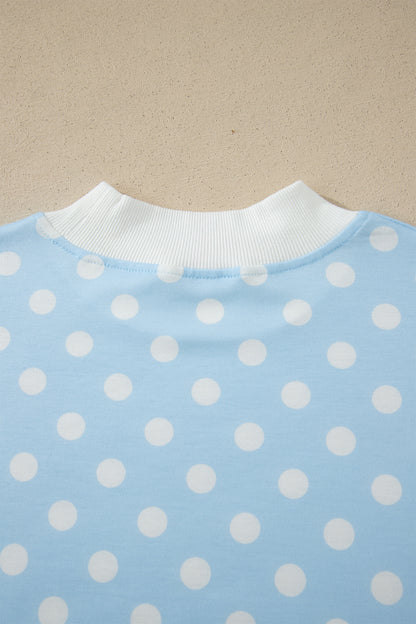 Pink Polka Dot Print Color Block Trim Mock Neck Short Set