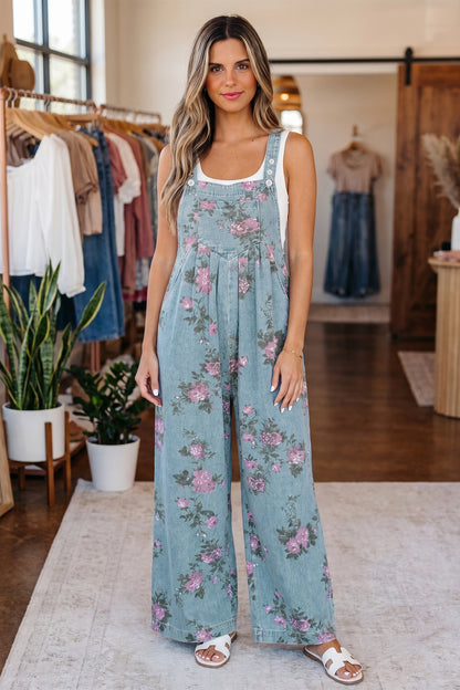 Beau Blue Floral Print Pleated High Waist Wide Leg Denim Jumpsuit