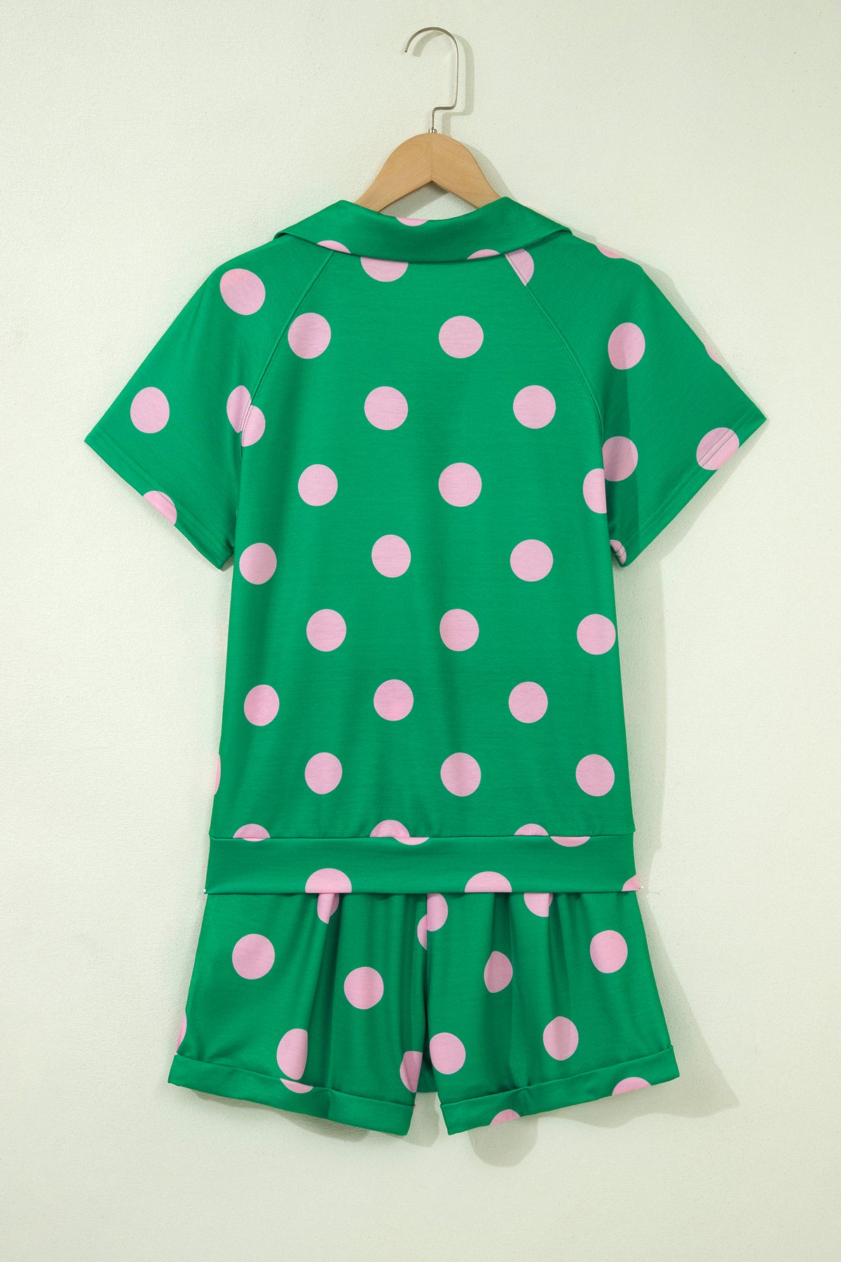 Beige Polka Dot Print V Neck Tee Short Set