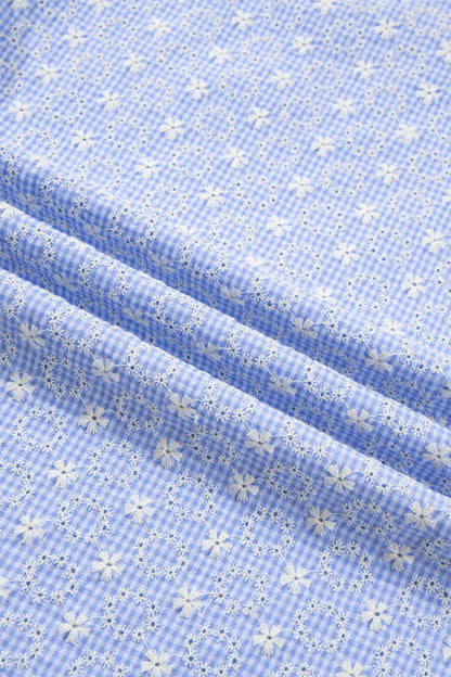 Beau Blue Eyelet Embroidered Flower Texture Contrast Lace Trim Flutter Sleeve Blouse