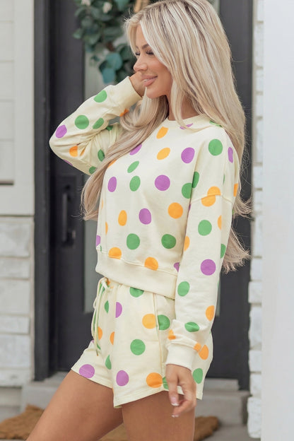 Pink Polka Dot Print Drop Shoulder Pullover Drawstring Shorts Set
