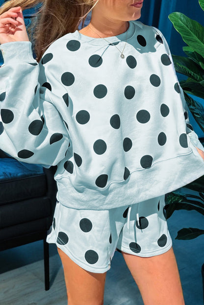 Pink Polka Dot Print Drop Shoulder Pullover Drawstring Shorts Set