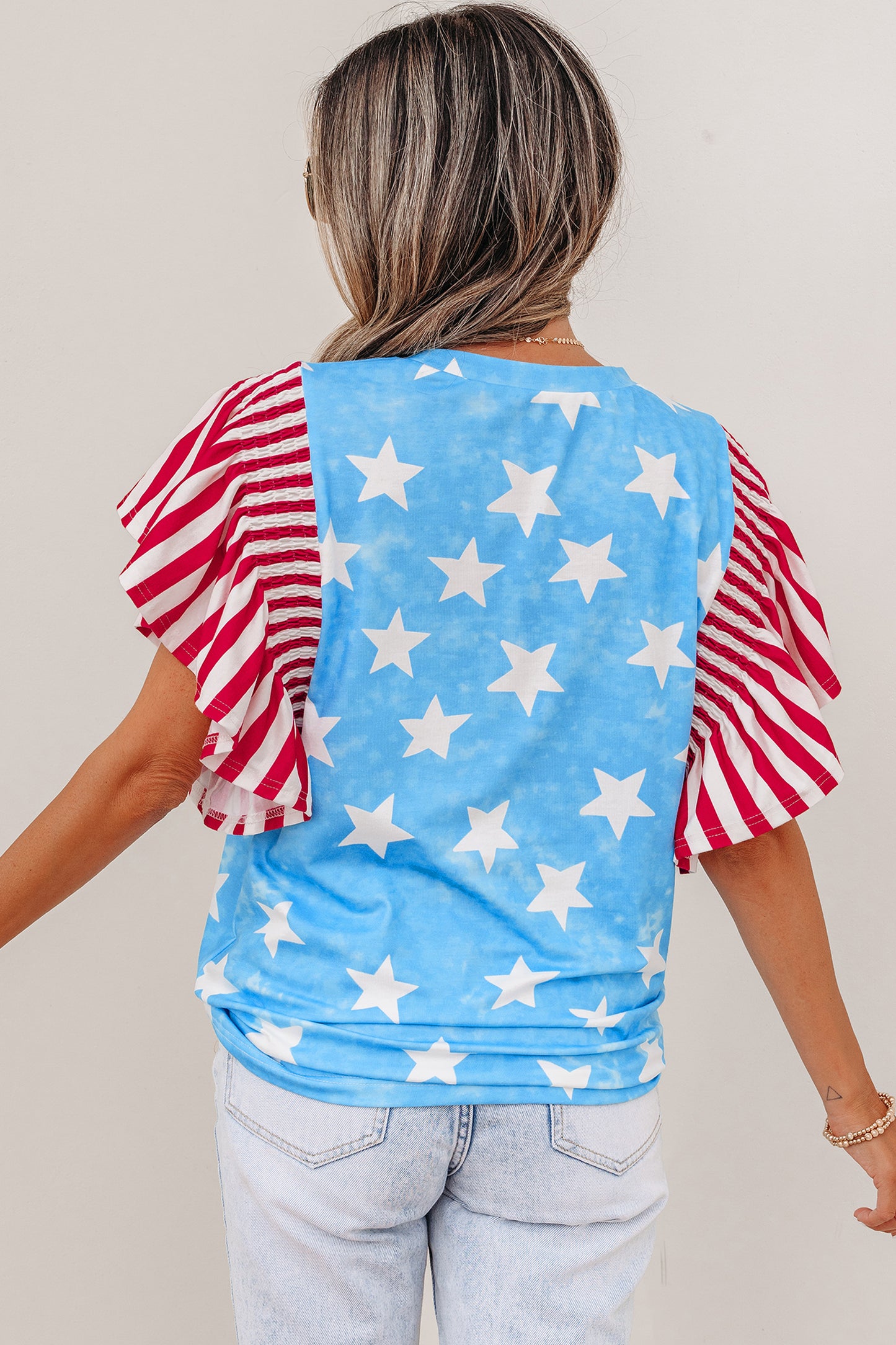 Sky Blue Vintage Star Print Striped Ruffle Sleeve Independence Day Top