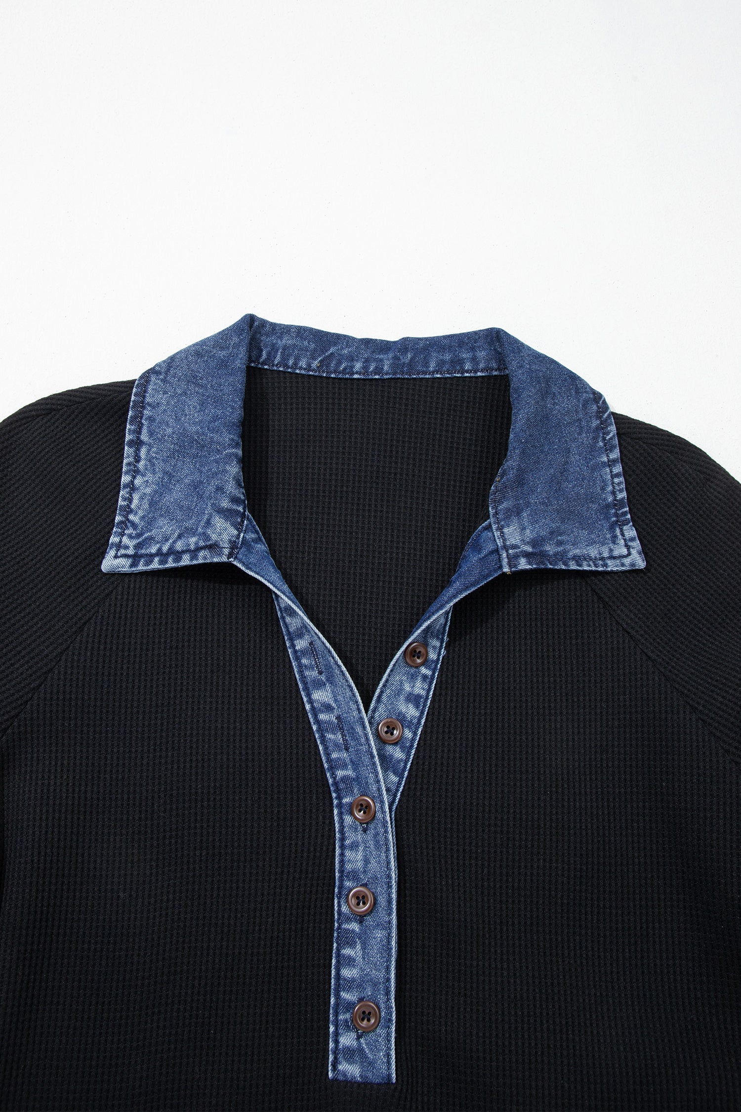 Black Waffle Knit Denim Contrast Trim Patchwork Button Polo Collar Top