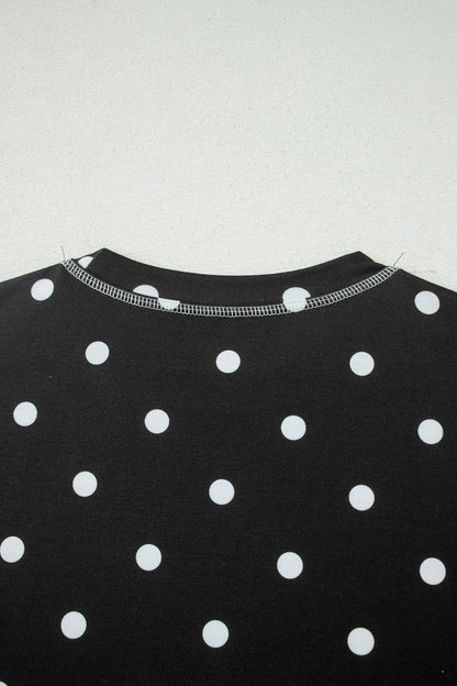 Black Exposed Seam Detail Polka Dot Loose Tee Drawstring Shorts Set