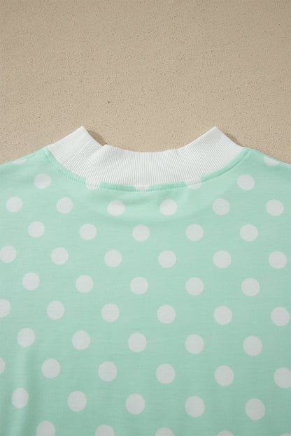 Pink Polka Dot Print Color Block Trim Mock Neck Short Set