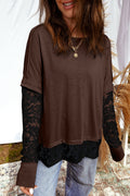 Dark Brown Sheer Lace Patchwork Casual Long Sleeve Tee